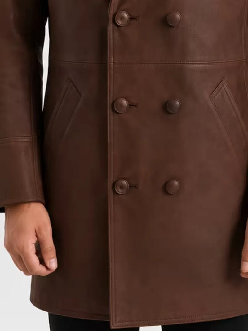 Men's brown sheepskin leather coat, zip and closure detail