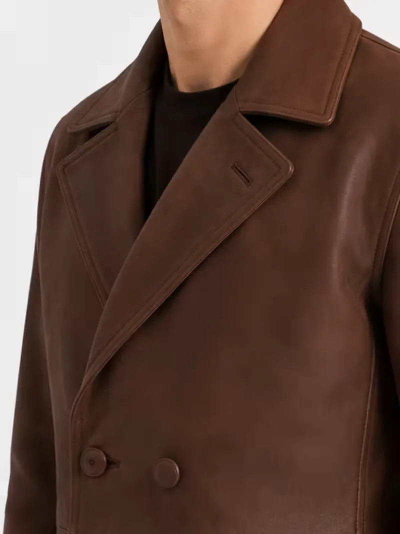 Men's brown sheepskin leather coat, collar detail