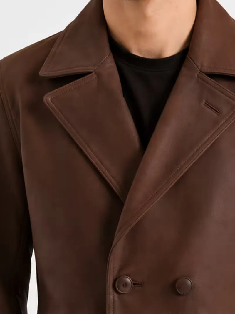 Men's brown sheepskin leather coat, side view
