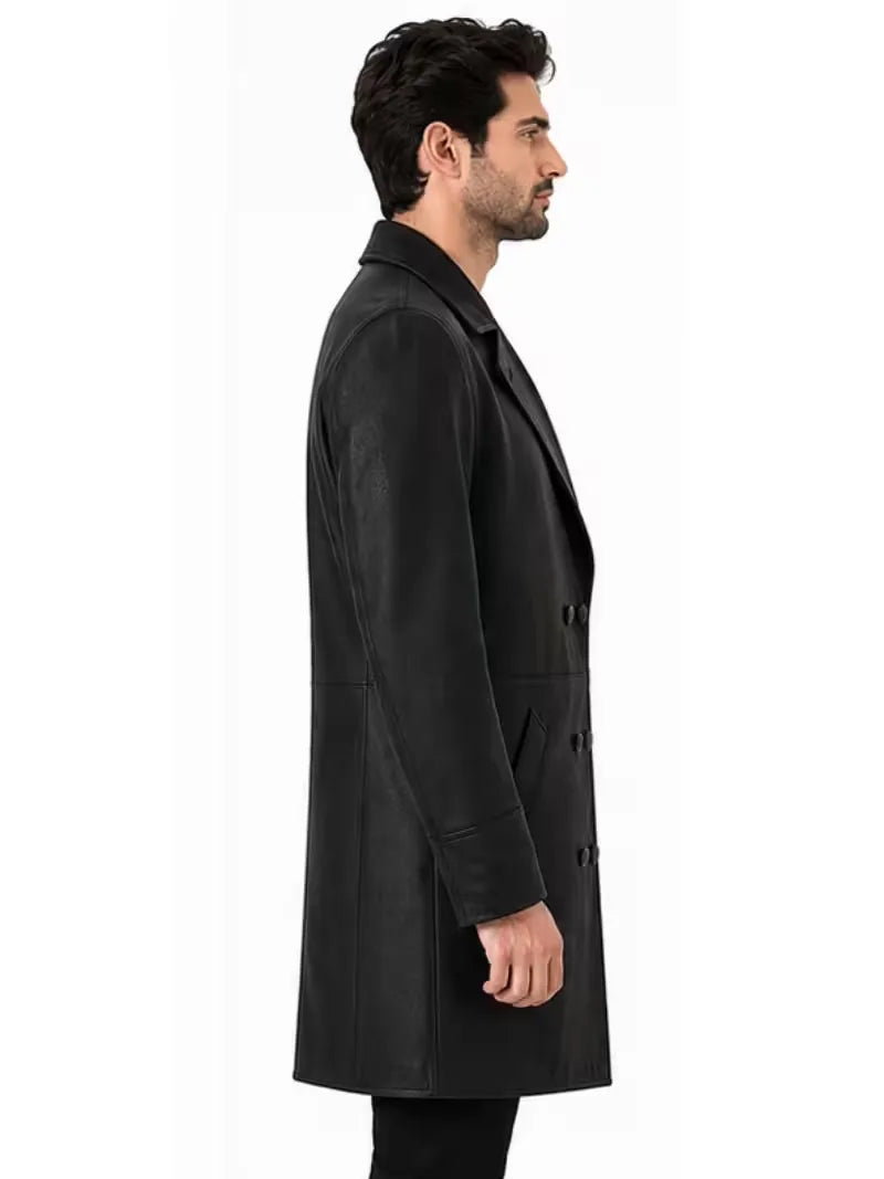 Men's brown sheepskin leather coat, side view