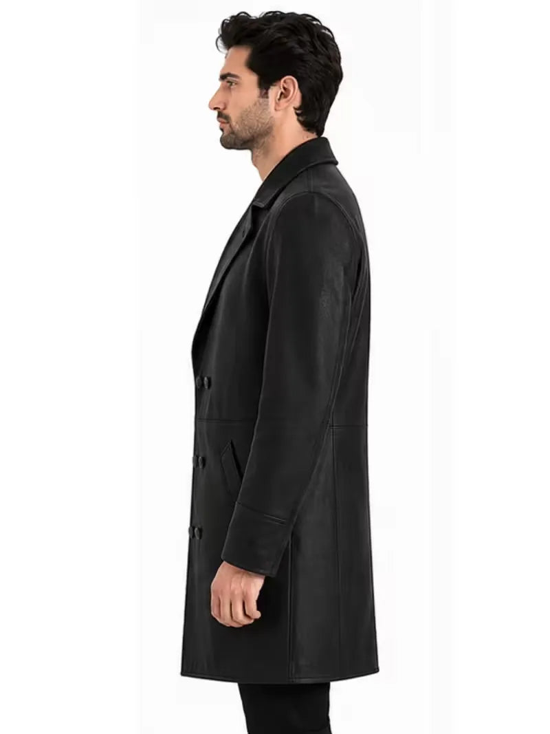 Men's brown sheepskin leather coat, collar detail