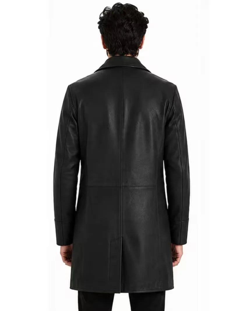 Men's brown sheepskin leather coat, back view