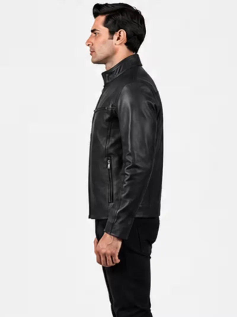 Men's brown sheepskin leather jacket, side view