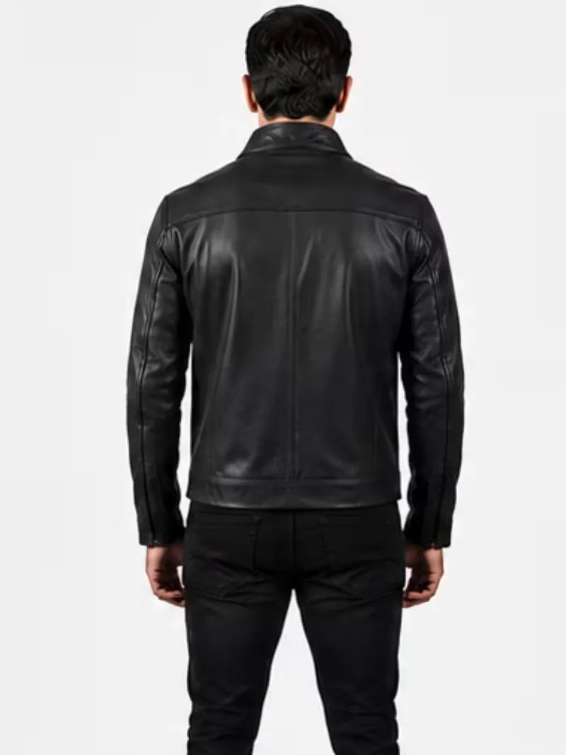 Men's brown sheepskin leather jacket, back view