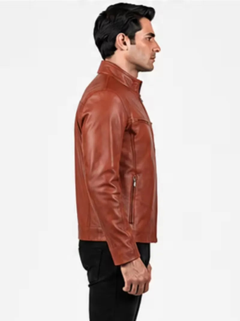 Men's brown sheepskin leather jacket, zip and closure detail