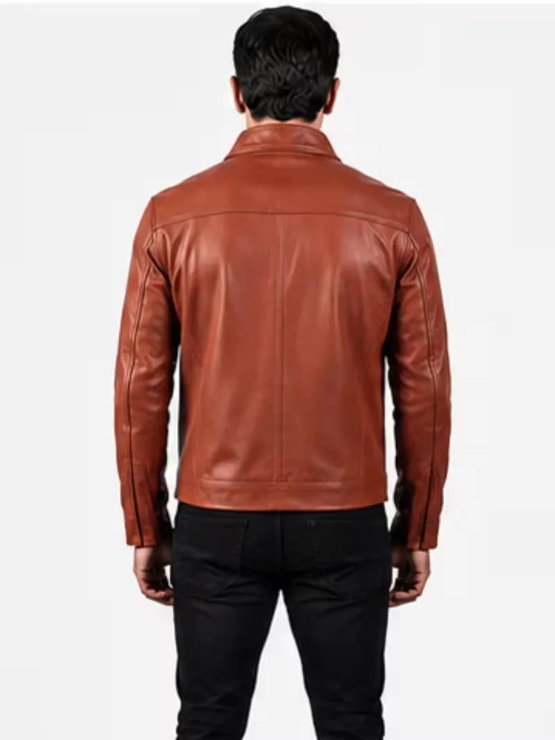 Men's brown sheepskin leather jacket, pocket detail