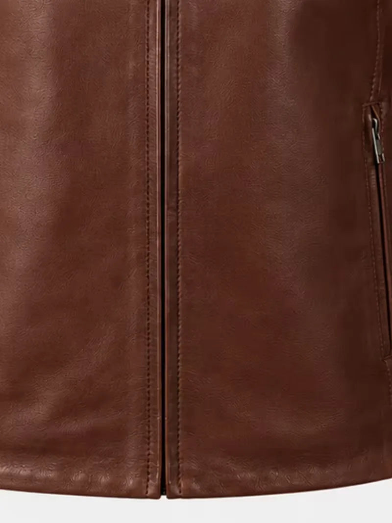 Men's brown sheepskin leather jacket, zip and closure detail