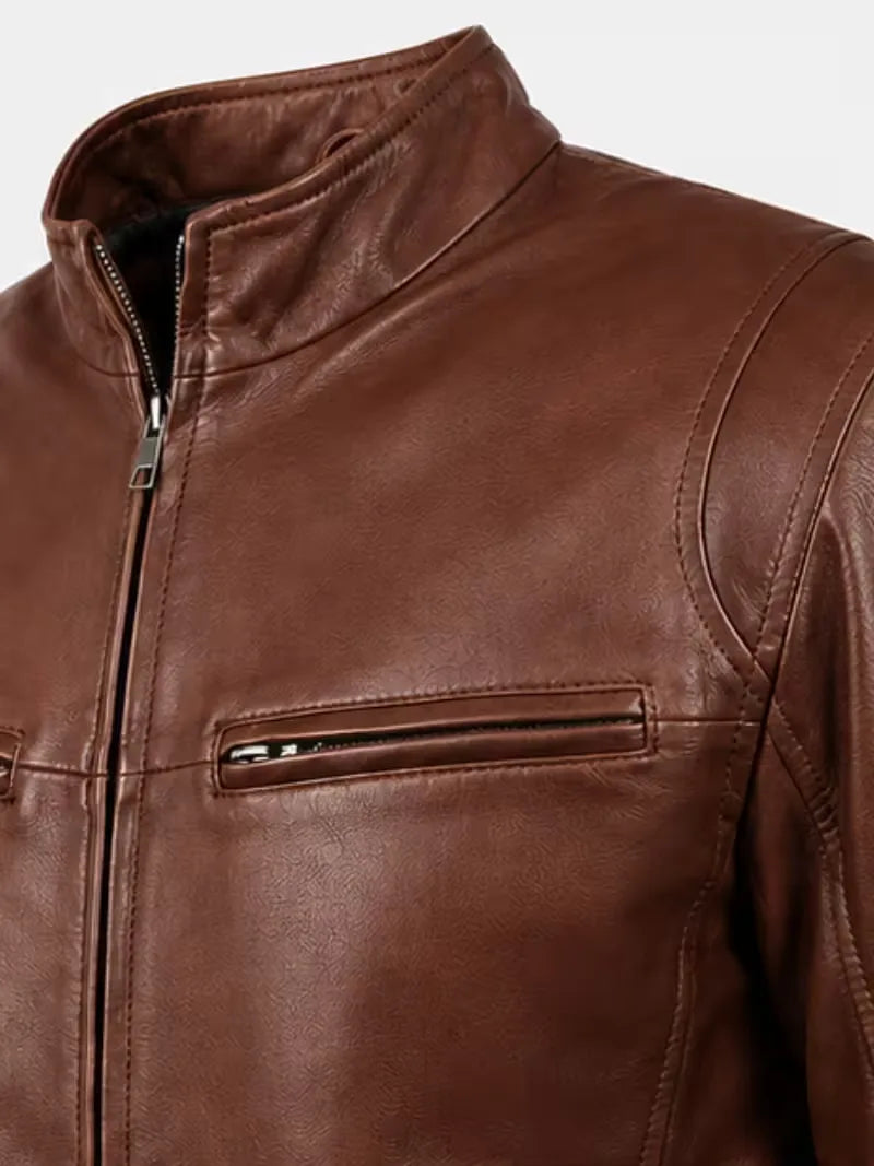 Men's brown sheepskin leather jacket, collar detail