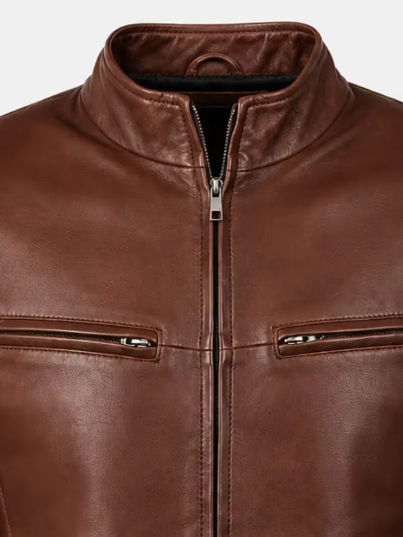 Men's brown sheepskin leather jacket, side view