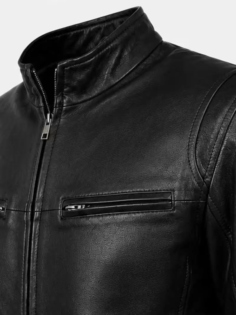 Men's brown sheepskin leather jacket, worn on model