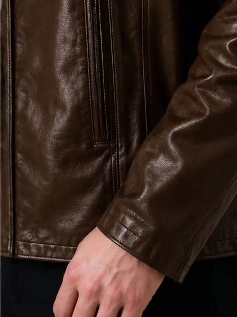 Men's black sheepskin leather hooded jacket, cuff detail