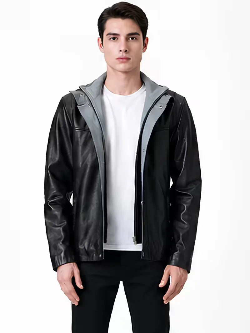 Men's black sheepskin leather hooded jacket, front view