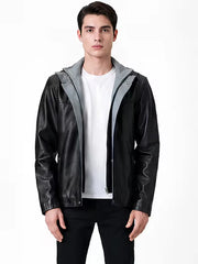 Men's black sheepskin leather hooded jacket, front view