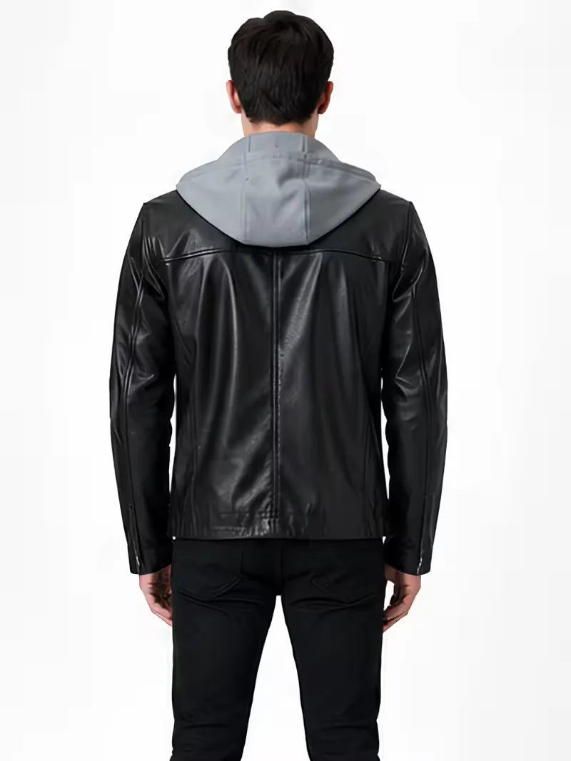 Men's black sheepskin leather hooded jacket, back view