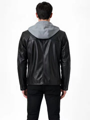 Men's black sheepskin leather hooded jacket, back view