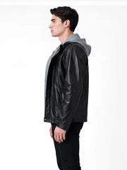 Men's black sheepskin leather hooded jacket, side view