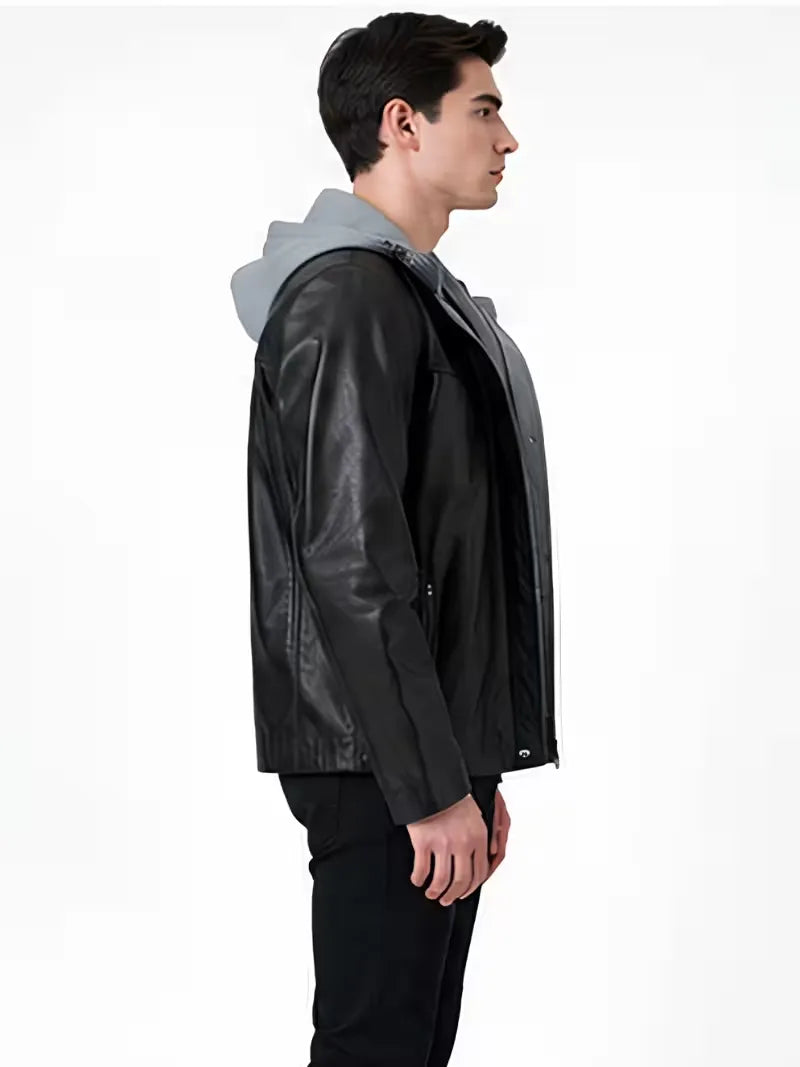 Men's black sheepskin leather hooded jacket, collar detail