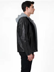 Men's black sheepskin leather hooded jacket, collar detail
