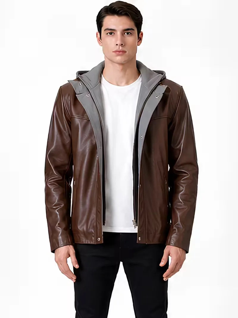 Men's black sheepskin leather hooded jacket, zip and closure detail