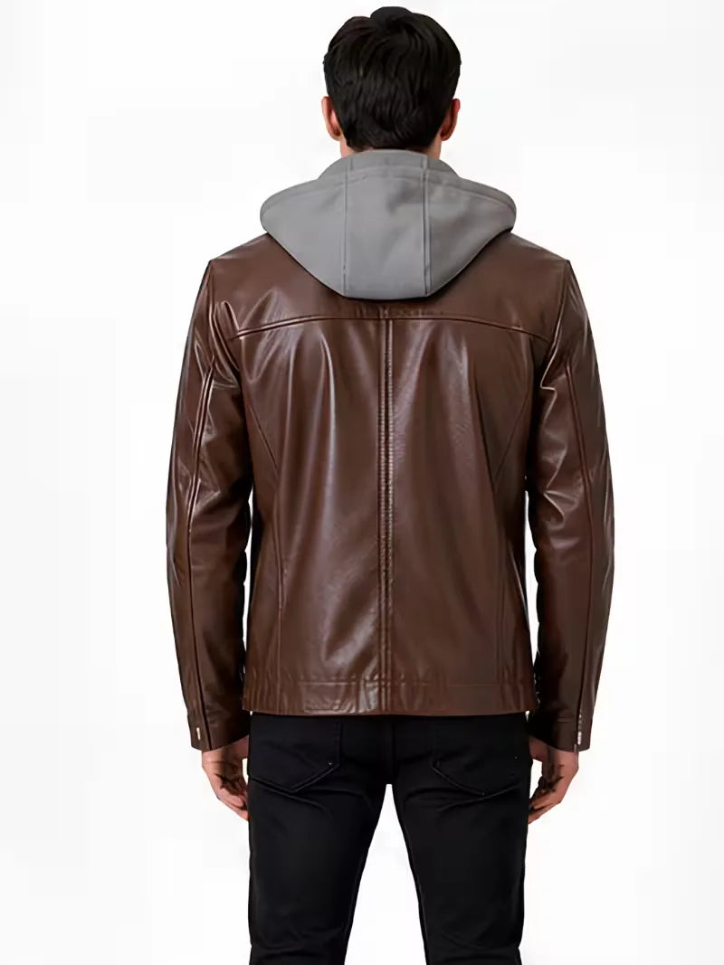 Men's black sheepskin leather hooded jacket, cuff detail