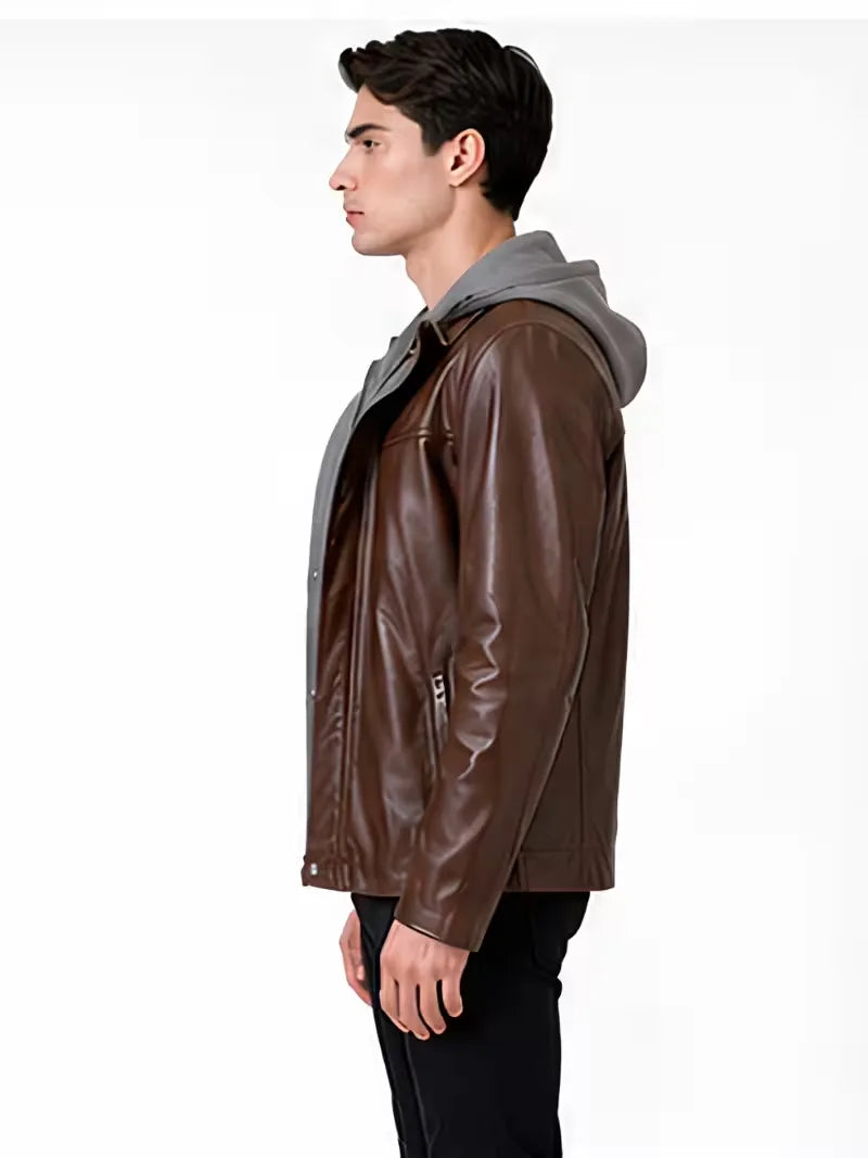 Men's black sheepskin leather hooded jacket, pocket detail