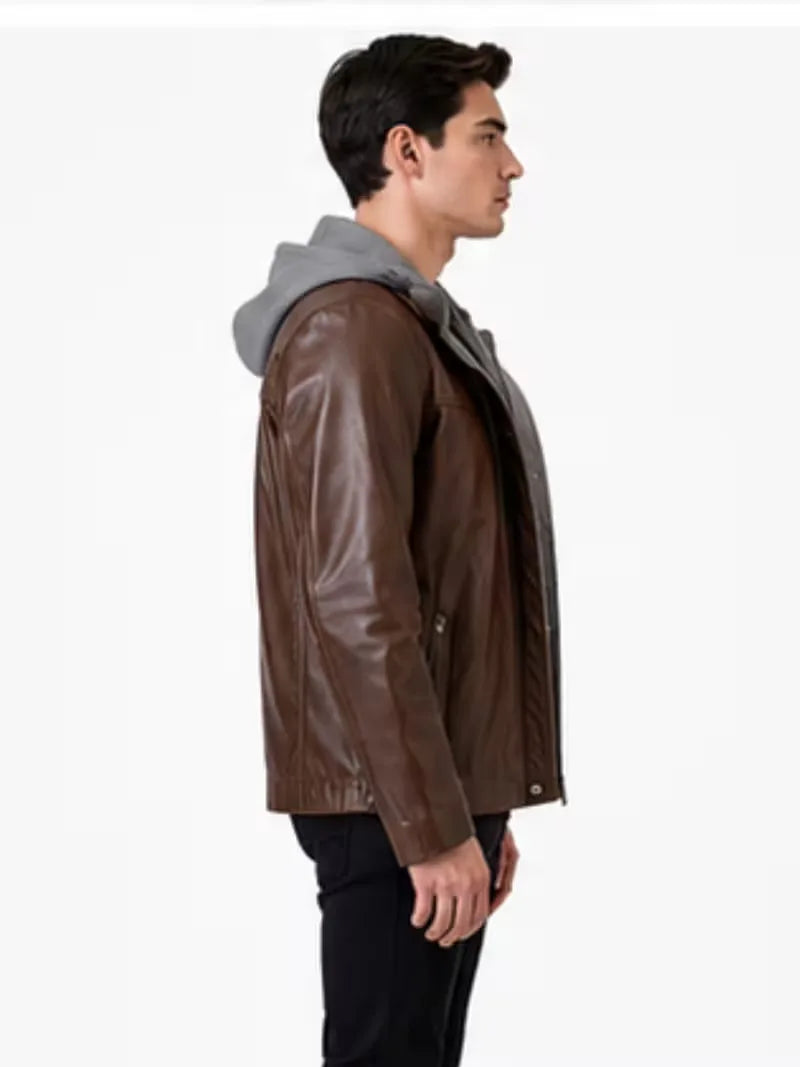 Men's black sheepskin leather hooded jacket, lining detail