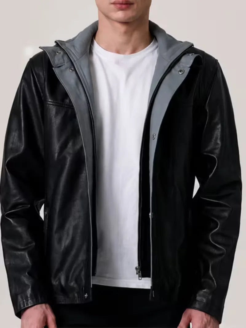 Men's black sheepskin leather hooded jacket, back view