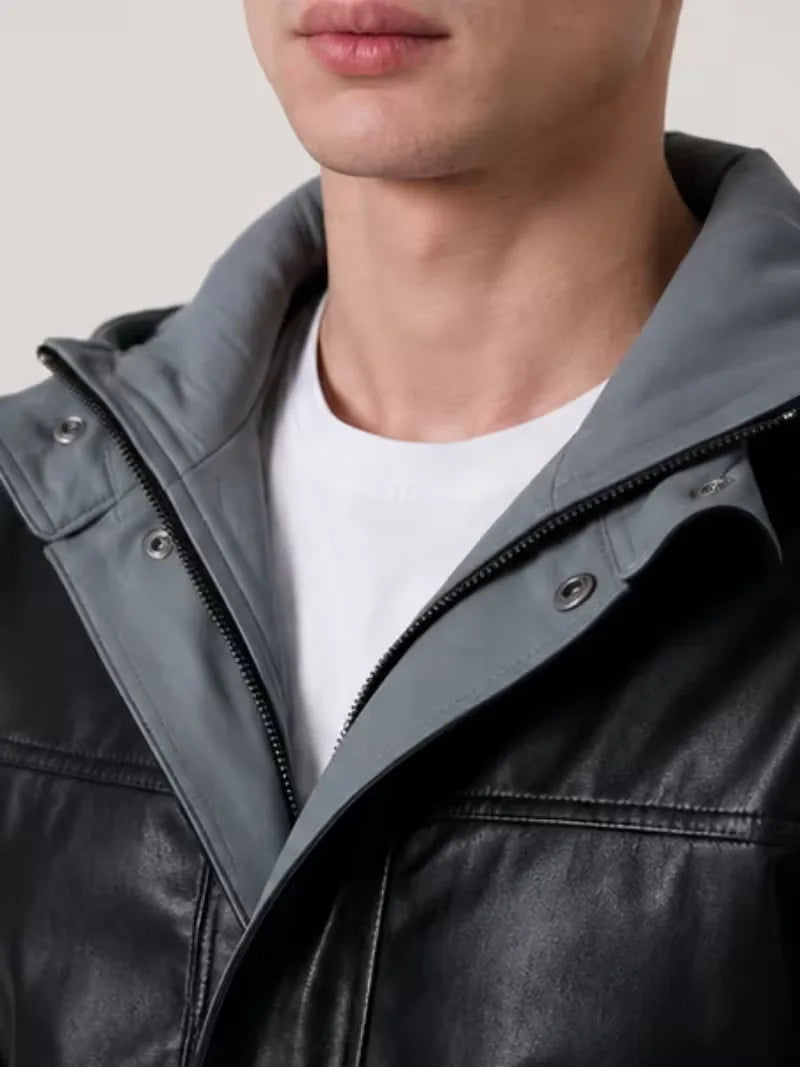 Men's black sheepskin leather hooded jacket, side view