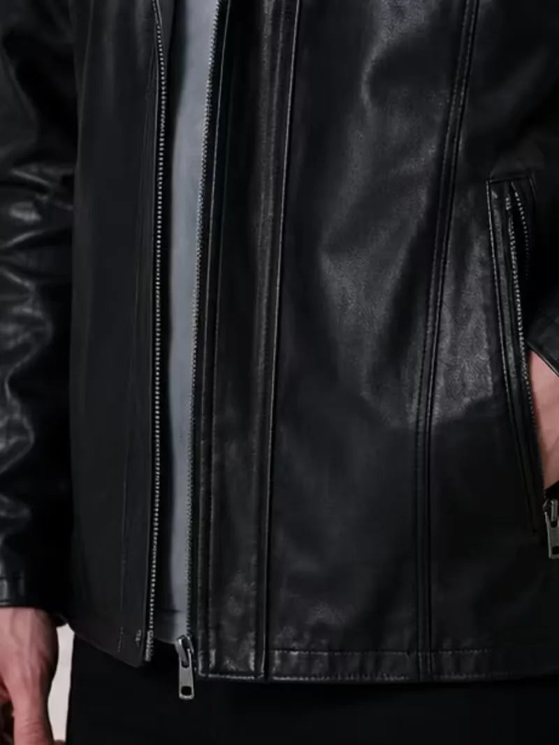 Men's black sheepskin leather hooded jacket, collar detail