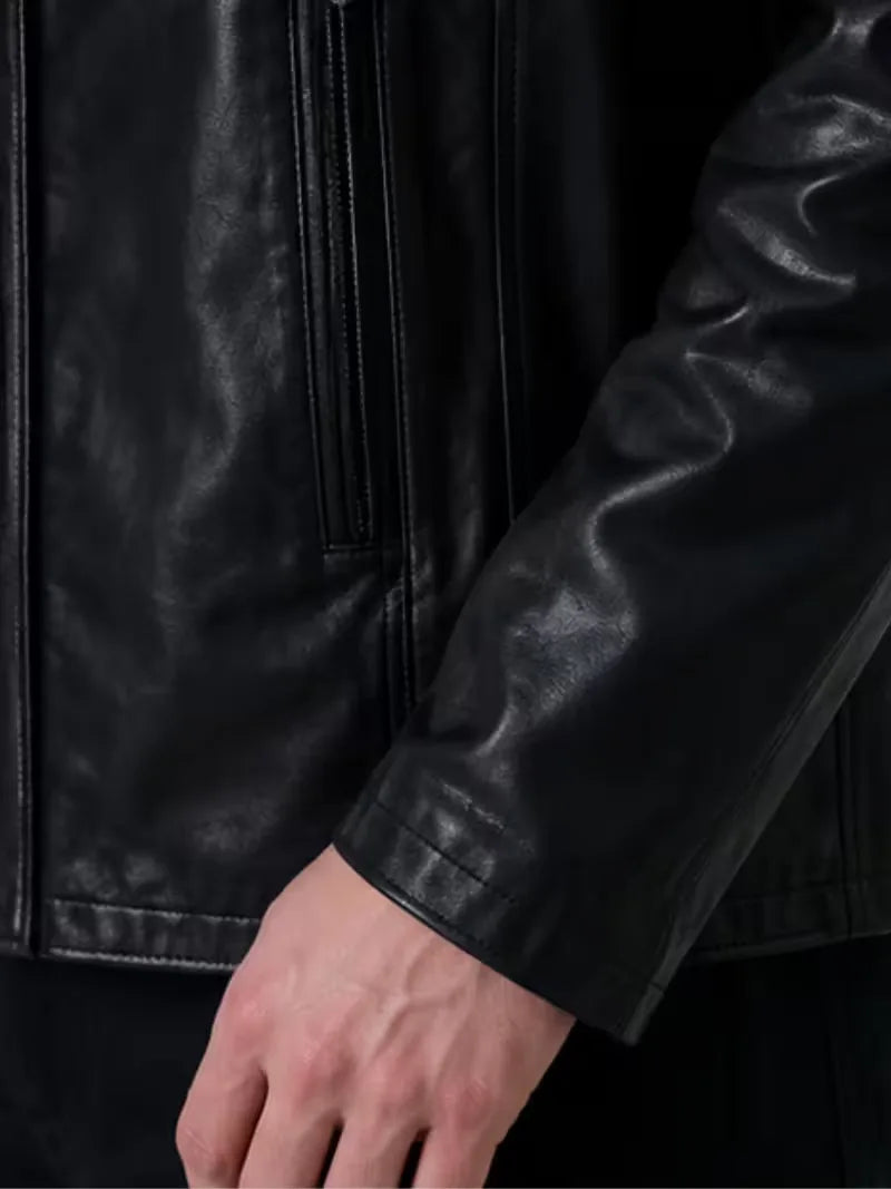 Men's black sheepskin leather hooded jacket, zip and closure detail