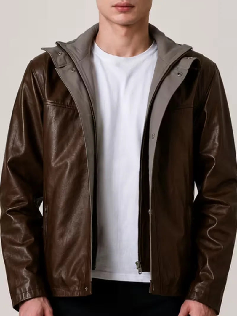 Men's black sheepskin leather hooded jacket, full length