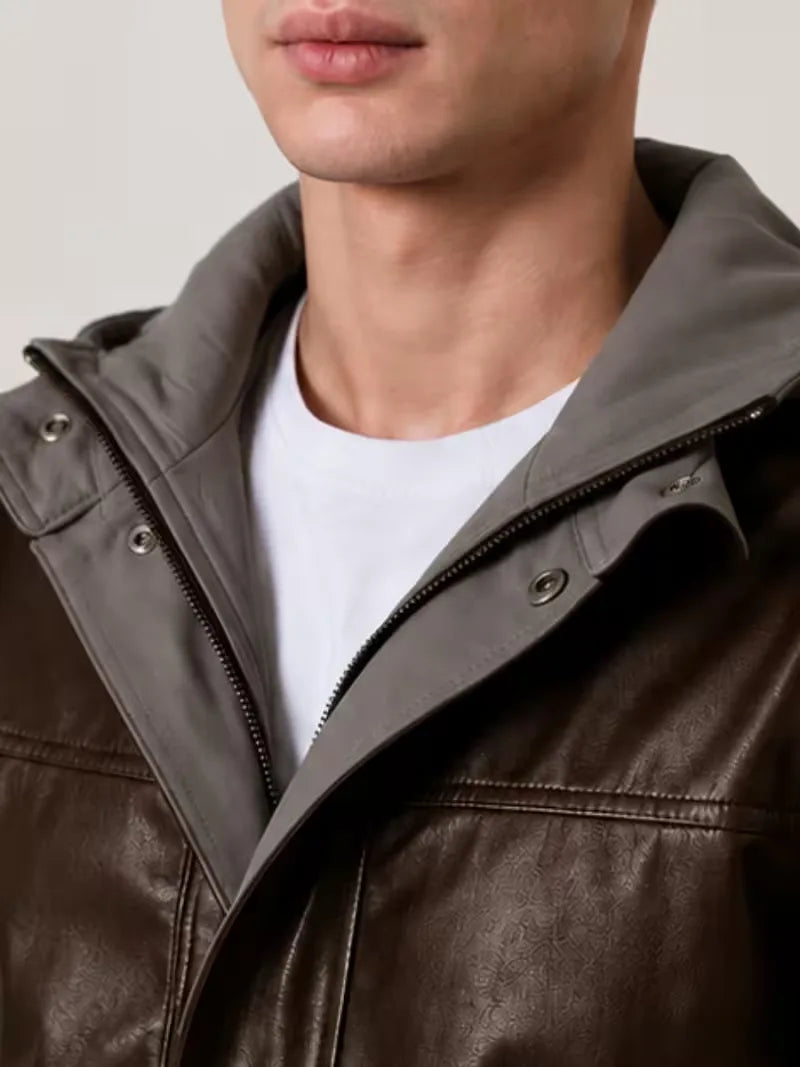 Men's black sheepskin leather hooded jacket, worn on model