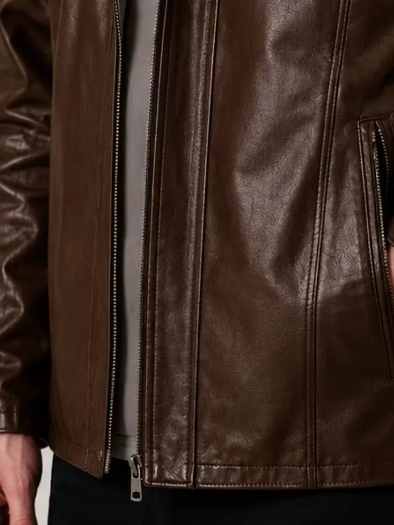 Men's black sheepskin leather hooded jacket, front view