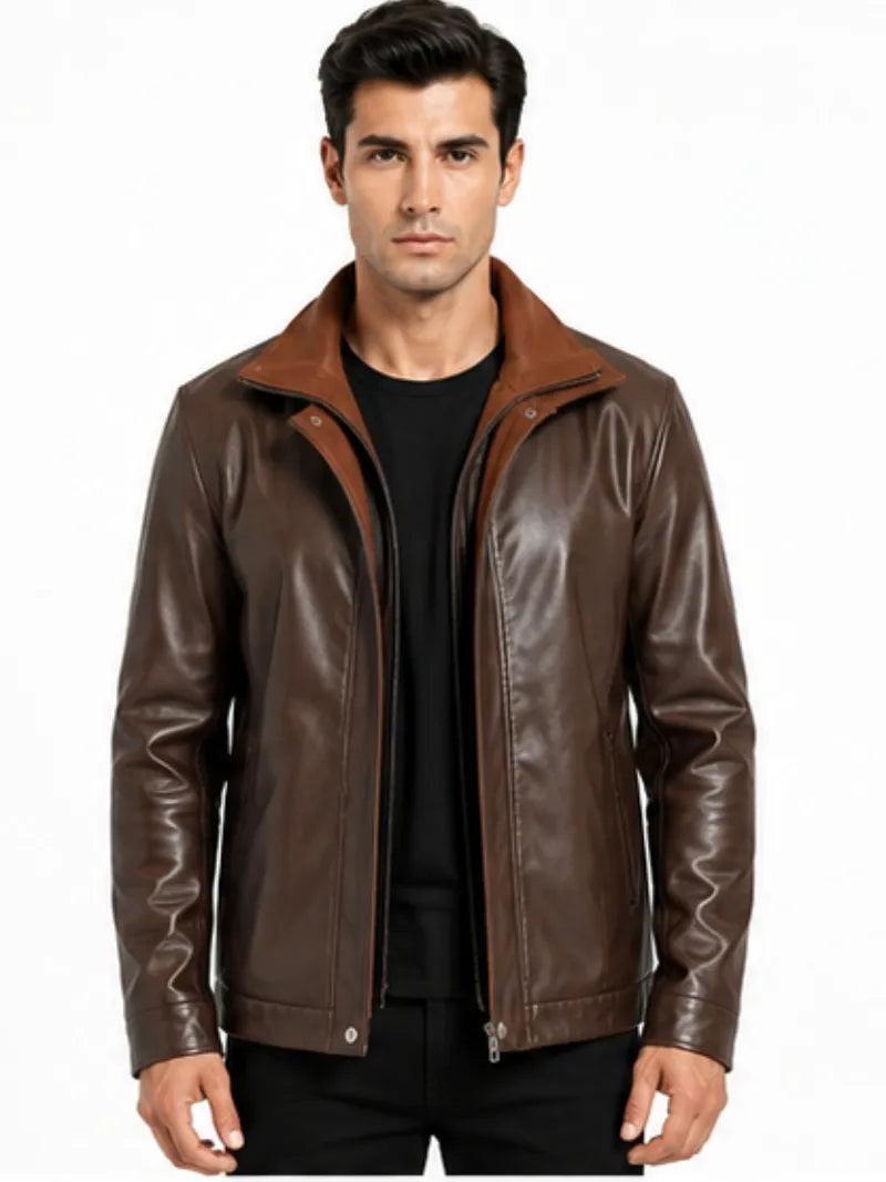 Men's black sheepskin leather hooded jacket, zip and closure detail