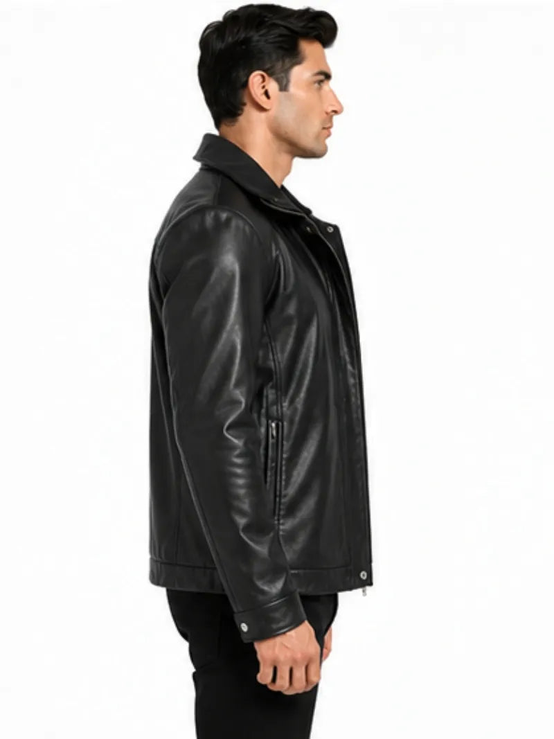 Men's black sheepskin leather hooded jacket, collar detail