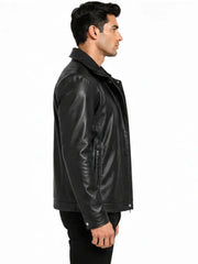Men's black sheepskin leather hooded jacket, collar detail