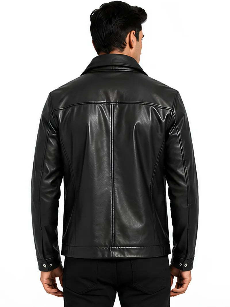 Men's black sheepskin leather hooded jacket, back view
