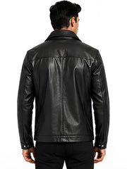 Men's black sheepskin leather hooded jacket, back view