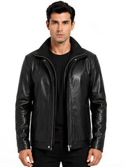 Men's black sheepskin leather hooded jacket, front view