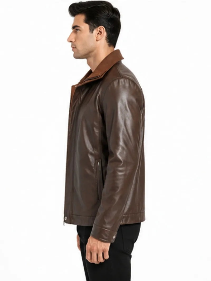 Men's black sheepskin leather hooded jacket, pocket detail