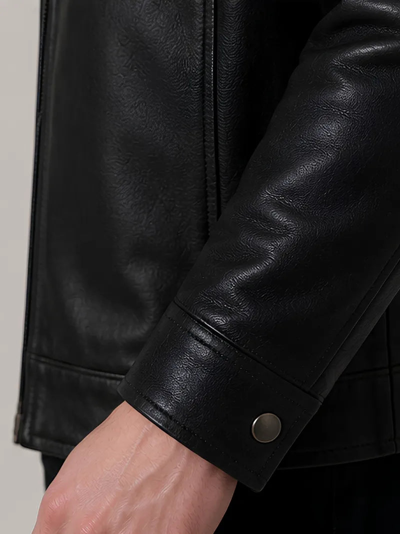 Men's black sheepskin leather hooded jacket, cuff detail