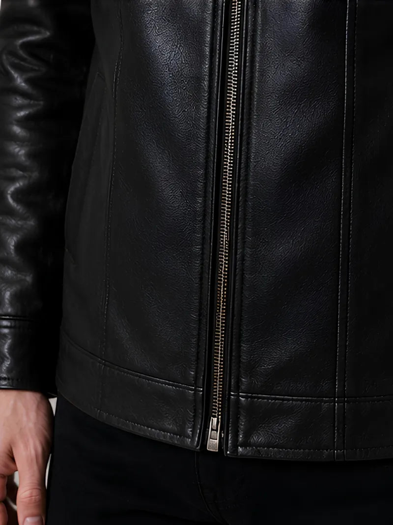 Men's black sheepskin leather hooded jacket, zip and closure detail