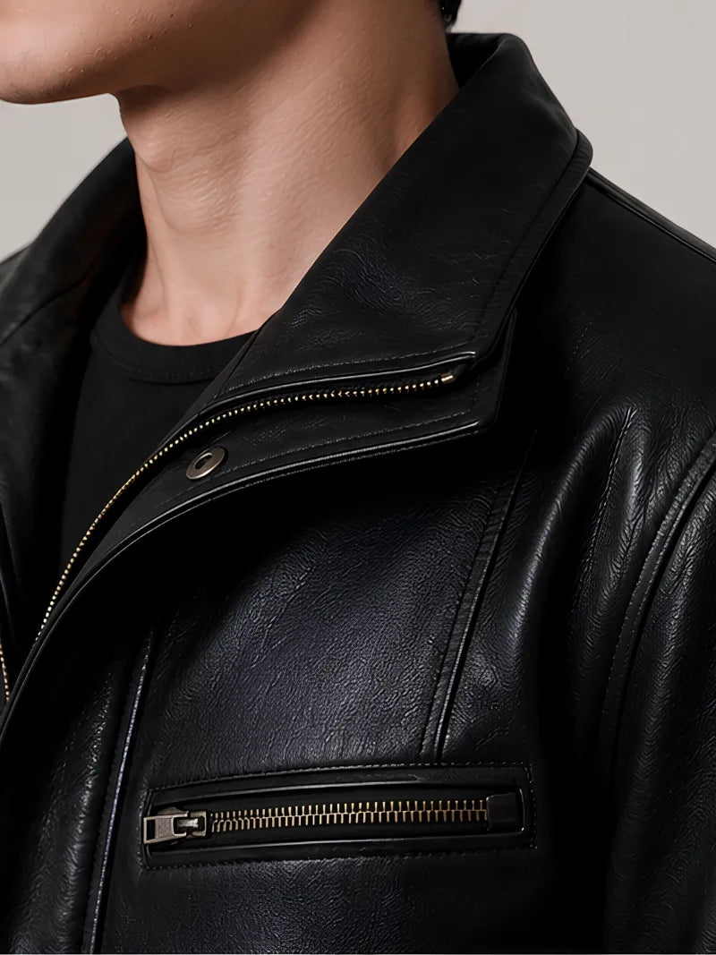 Men's black sheepskin leather hooded jacket, collar detail