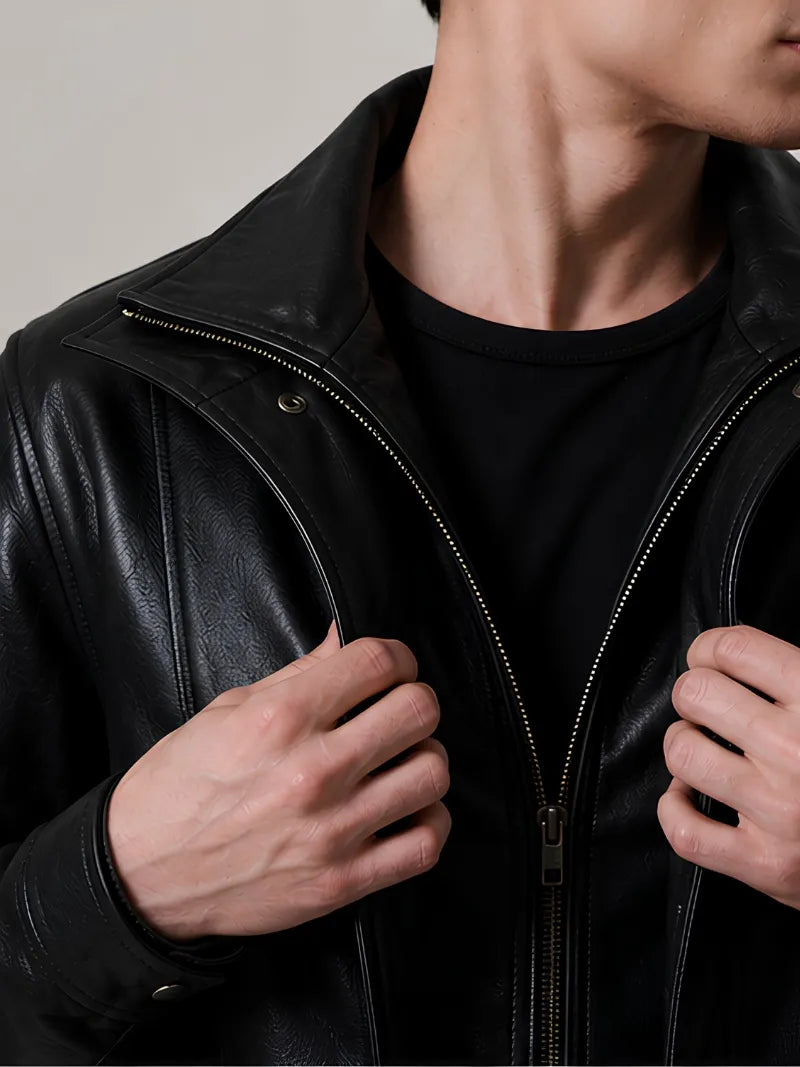 Men's black sheepskin leather hooded jacket, side view
