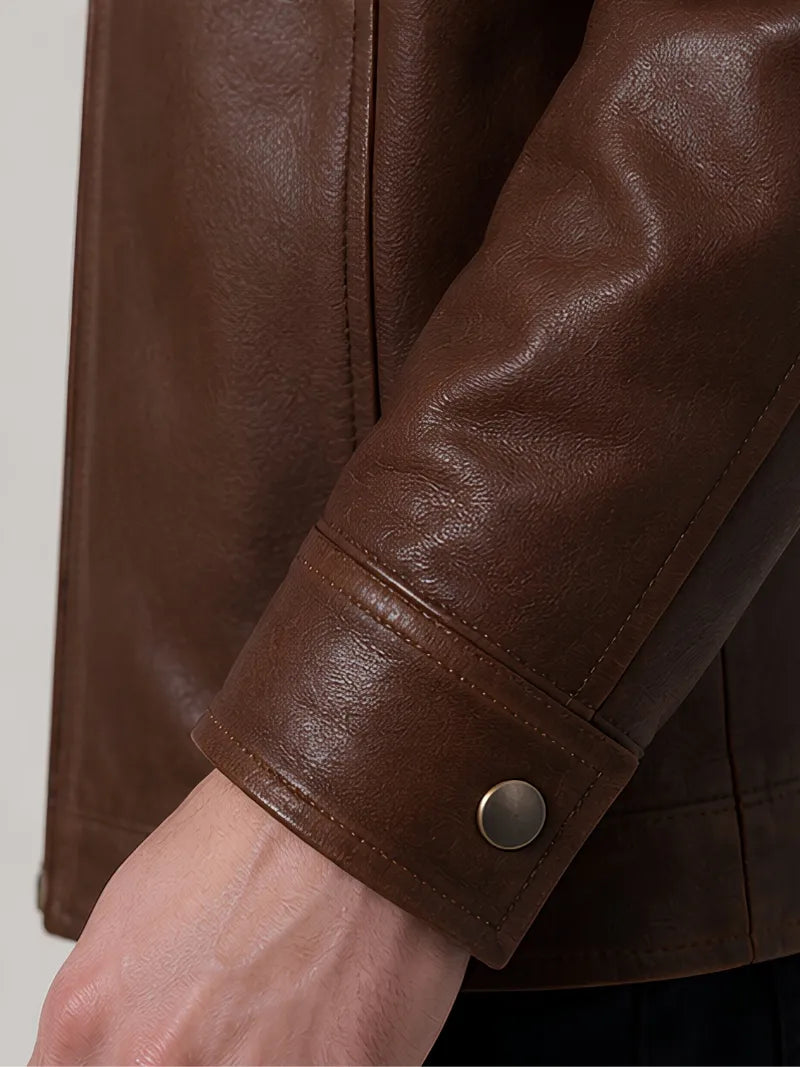 Men's black sheepskin leather hooded jacket, back view