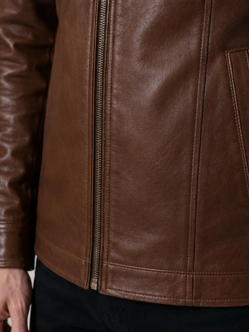 Men's black sheepskin leather hooded jacket, front view