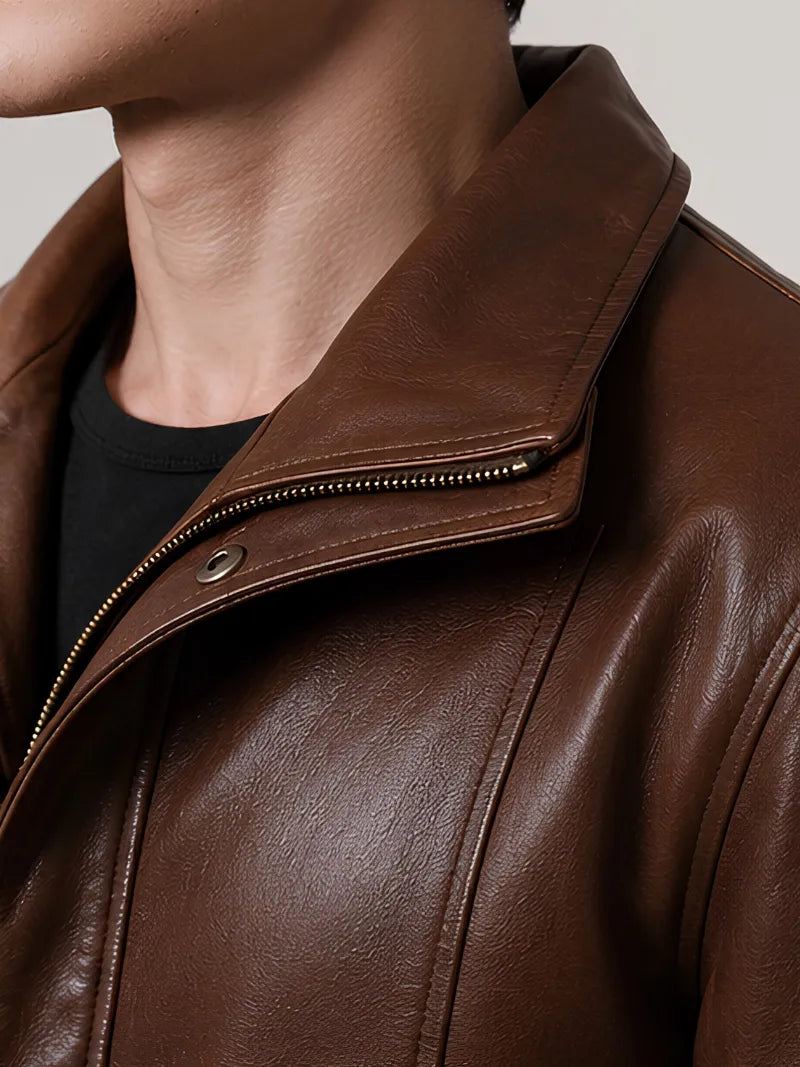Men's black sheepskin leather hooded jacket, worn on model