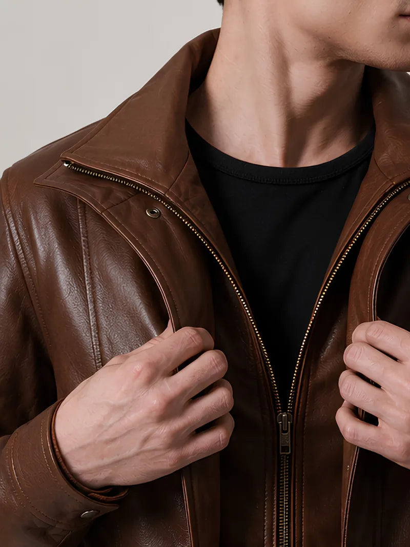 Men's black sheepskin leather hooded jacket, full length