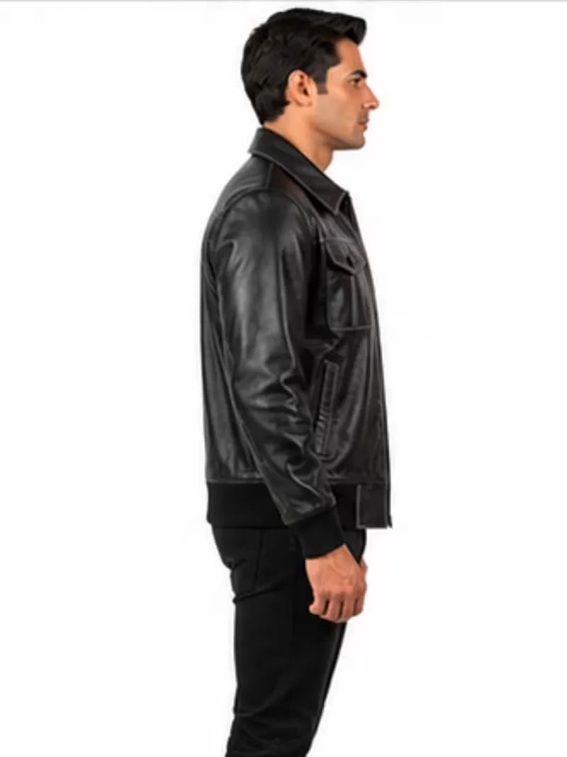 Men's black sheepskin leather jacket, collar detail