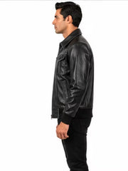 Men's black sheepskin leather jacket, side view